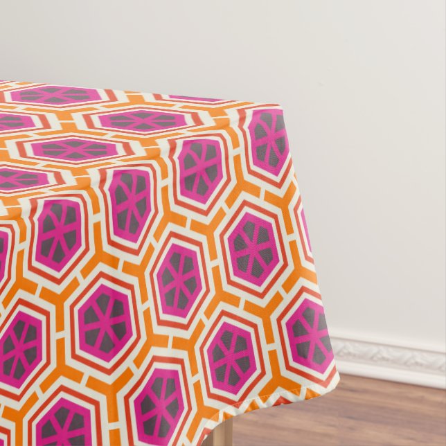 Retro Pink and Orange Modern Geometric Pattern Tablecloth (In Situ)