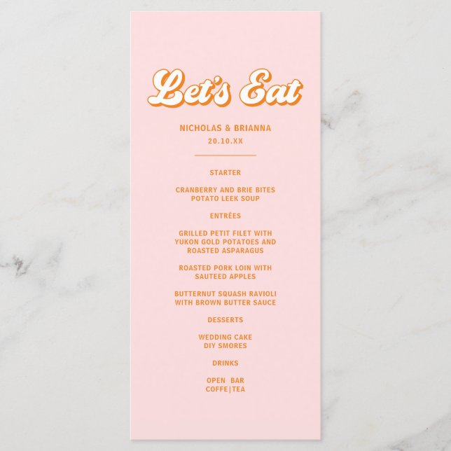 Retro Pink and Orange Summer Sunset Wedding Menu (Front)