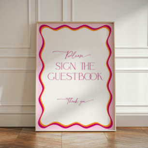 Retro Pink and Orange Wavy Border Modern Guestbook Pedestal Sign
