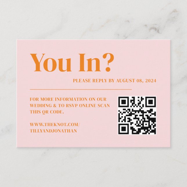 Retro Pink and Orange Wedding RSVP QR Code  Enclosure Card (Front)