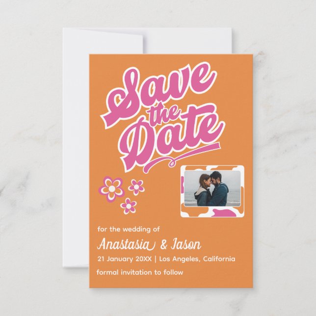 Retro Pink and Orange Wedding Save the Date Card (Front)
