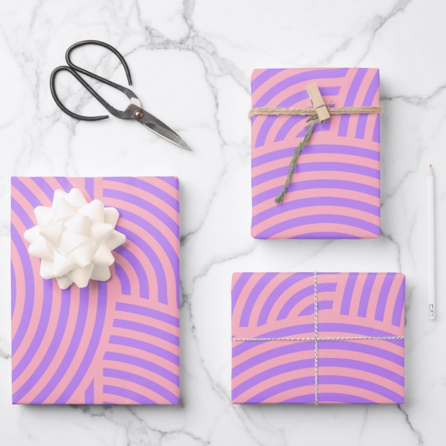 Retro Pink and Purple Groovy Lines Pattern Wrapping Paper Sheet (Front)