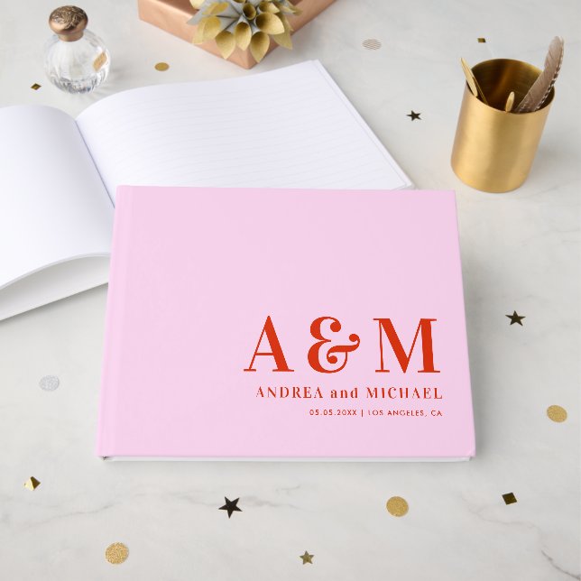 Retro Pink and Red Bold Monogram Seventies Wedding Guest Book (Front Open)