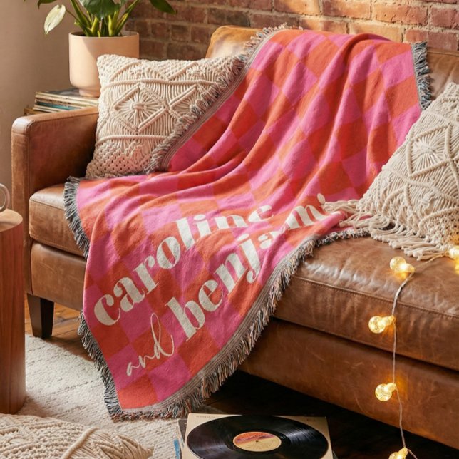 Retro Pink and Red Checkerboard Custom Wedding Throw Blanket (Creator Uploaded)