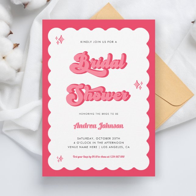Retro Pink and Red Groovy Script Bridal Shower Invitation (Creator Uploaded)