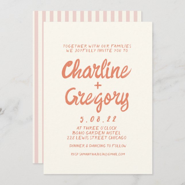 Retro Pink and Red Handwriting Wedding invitation  (Front/Back)