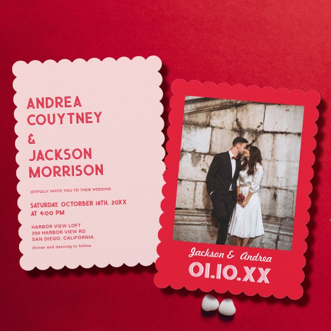 Retro Pink and Red Photo Wedding  Invitation (Creator Uploaded)
