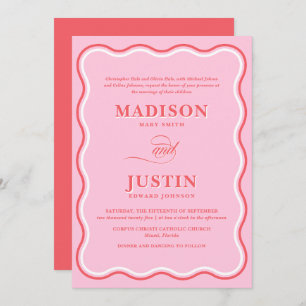 Retro Pink and Red Squiggle Curves Wavy Wedding Invitation