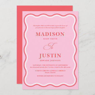 Retro Pink and Red Squiggle Curves Wavy Wedding Invitation
