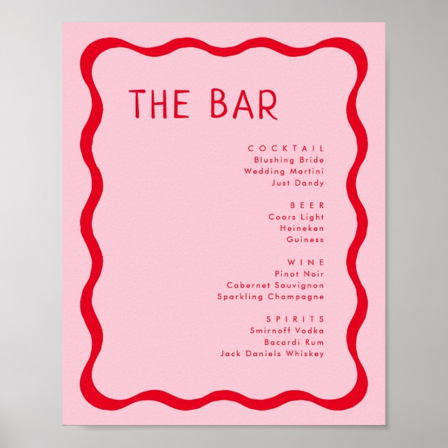 Retro Pink and Red Wavy Bar Drink Menu Poster (Front)