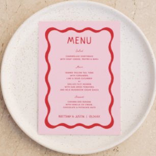Retro Pink and Red Wavy Bridal Shower Menu Cards