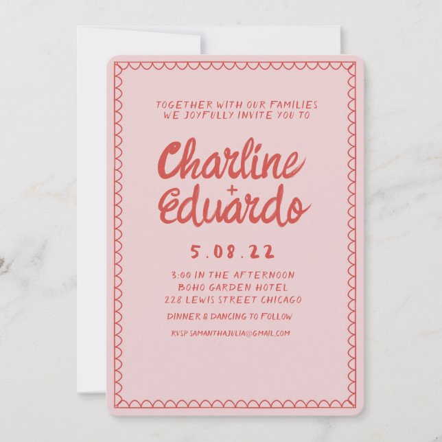 Retro Pink and Red Wavy  Handwriting Wedding  Invitation (Front)