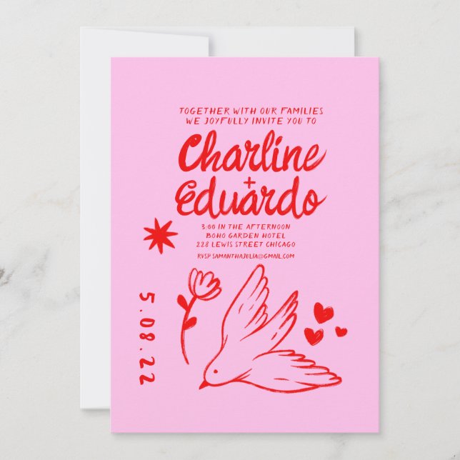 Retro Pink and Red Wavy Handwriting Wedding Invitation (Front)