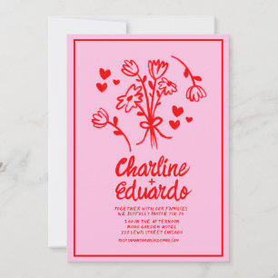 Retro Pink and Red Wavy Handwriting Wedding Invitation