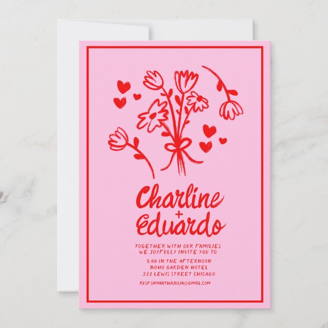 Retro Pink and Red Wavy  Handwriting Wedding Invitation (Front)