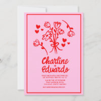 Retro Pink and Red Wavy  Handwriting Wedding