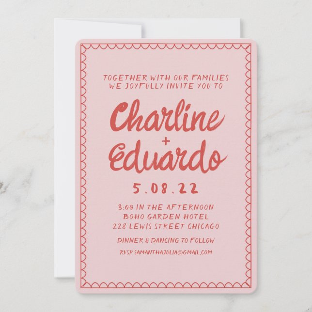 Retro Pink and Red Wavy  Handwriting Wedding  Invitation (Front)