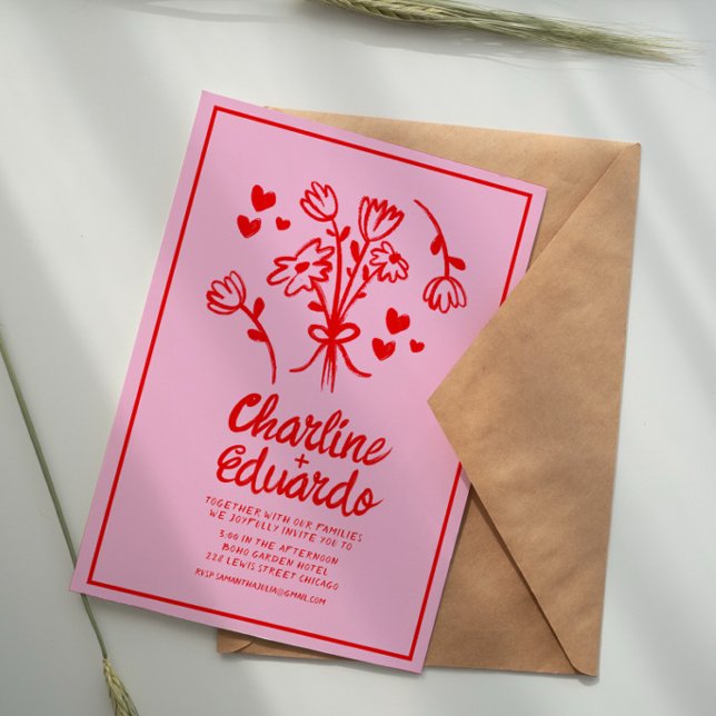 Retro Pink and Red Wavy  Handwriting Wedding Invitation (Creator Uploaded)