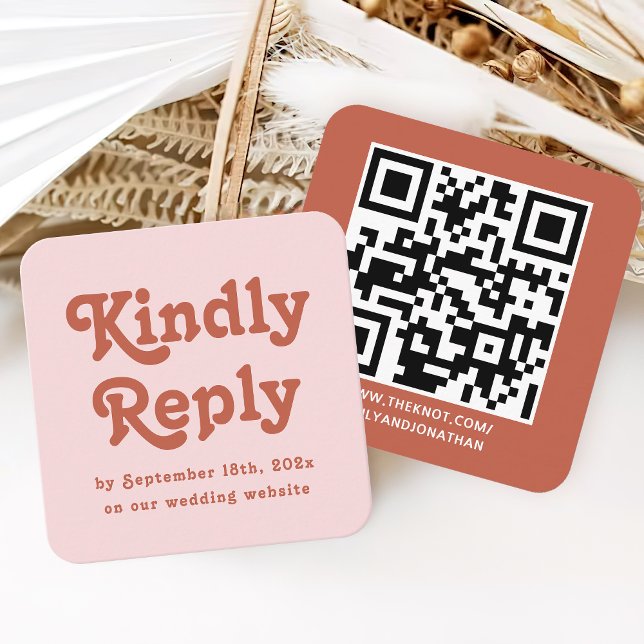Retro Pink and Terracotta Wedding RSVP Qr Code Enclosure Card (Creator Uploaded)