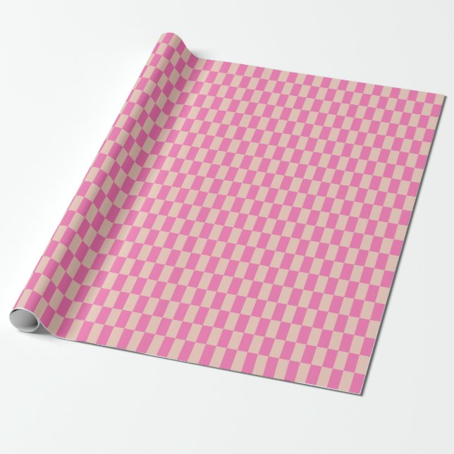 Retro Pink and White Bright Chequerboard Pattern Wrapping Paper (Unrolled)