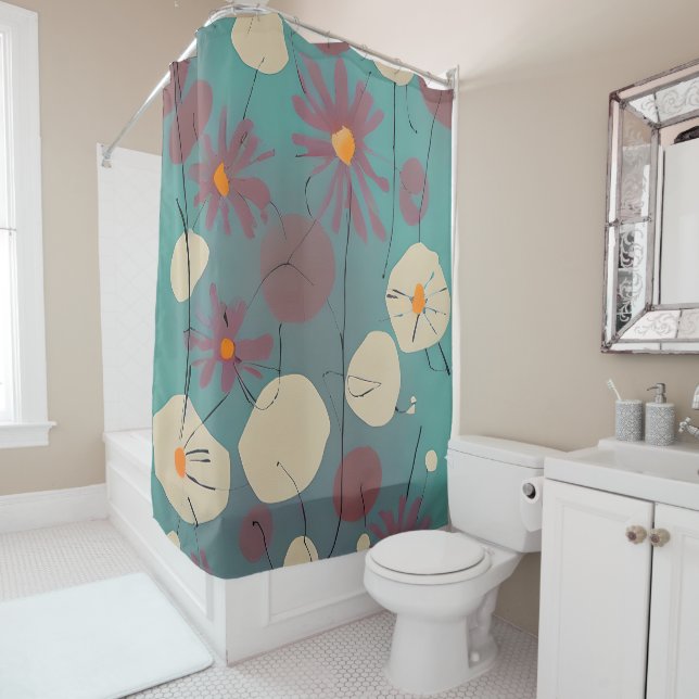 Retro pink and white flowers shower curtain (In Situ)