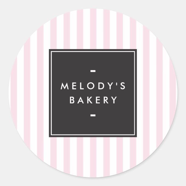 Retro Pink and White Stripes Bakery Classic Round Sticker (Front)