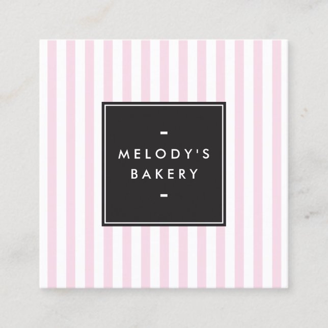Retro Pink and White Stripes Bakery Square Business Card (Front)