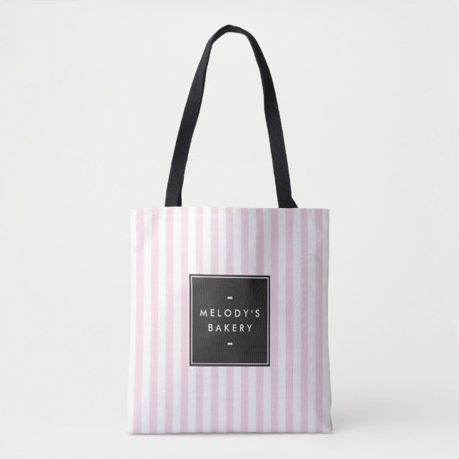 Retro Pink and White Stripes Bakery Tote Bag (Front)