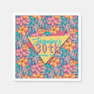 Retro Pink and Yellow Floral Birthday Napkin