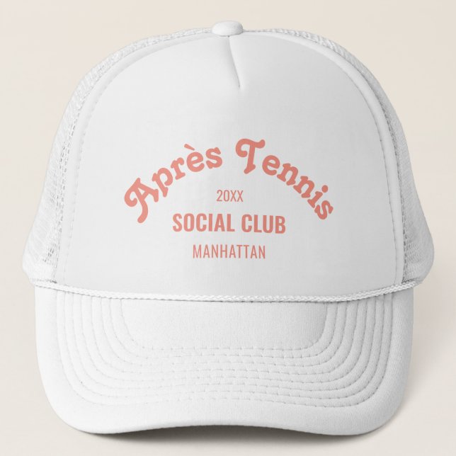 Retro Pink Après Tennis Social Club Custom White Trucker Hat (Front)