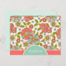 Retro Pink & Aqua Floral Custom Flat Note Card
