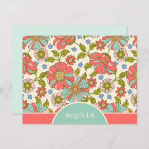 Retro Pink & Aqua Floral Custom Flat Note Card