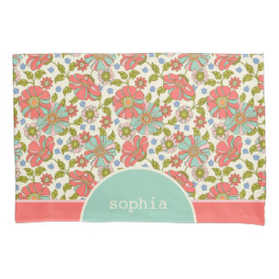 Retro Pink & Aqua Floral Personalised Pillowcase