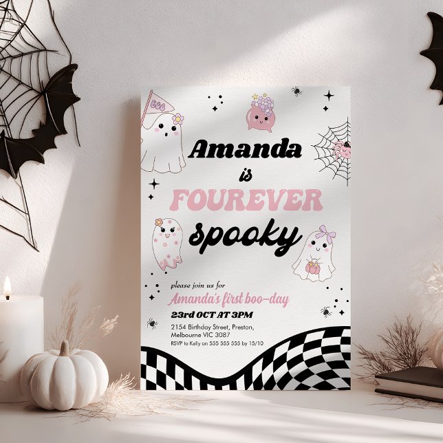 Retro Pink Black Fourever Spooky 4th Birthday Invitation (Girls Fourever Spooky 4th Birthday Invitation, Halloween Fourever Spooky Birthday Invitation, Pink)