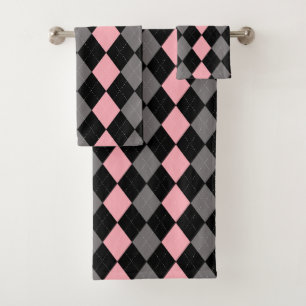 Retro Pink Black Grey Argyle Bath Towel Set
