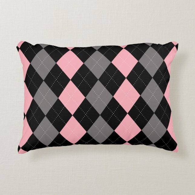 Retro Pink Black Grey Argyle Decorative Cushion (Front)