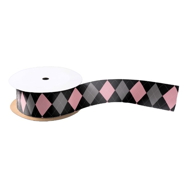 Retro Pink Black Grey Argyle Satin Ribbon (Spool)