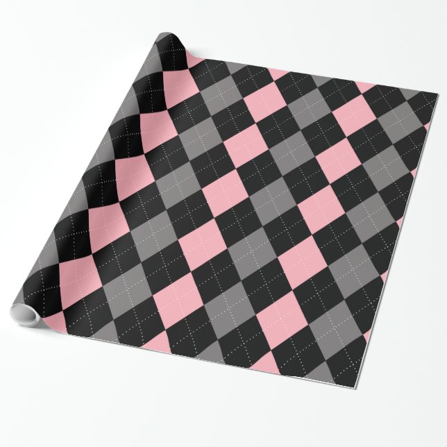 Retro Pink Black Grey Argyle Wrapping Paper (Unrolled)