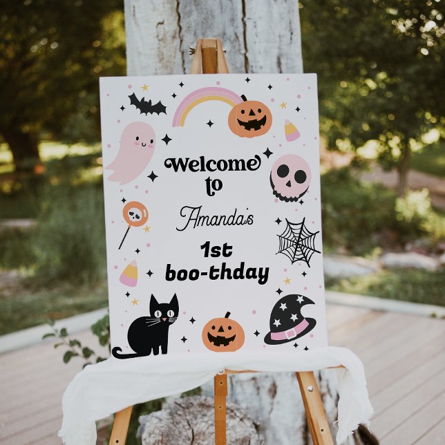 Retro Pink Black Halloween Birthday Welcome Sign (Retro Halloween Birthday Welcome Sign, Hey Boo Birthday Welcome Sign, Girl Halloween Themed )
