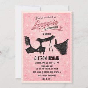 Retro Pink Black Lingerie Shower Bachelorette  Invitation