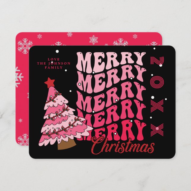 Retro Pink & Black Typography Merry Christmas Tree Holiday Card (Front/Back)