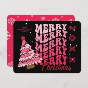 Retro Pink & Black Typography Merry Christmas Tree Holiday Card