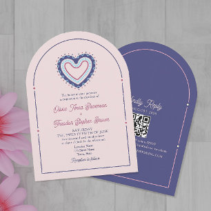 Retro Pink & Blue Arch Wedding Invite + QR