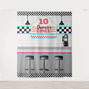 Retro Pink & Blue Chequerboard Diner Backdrop Tapestry