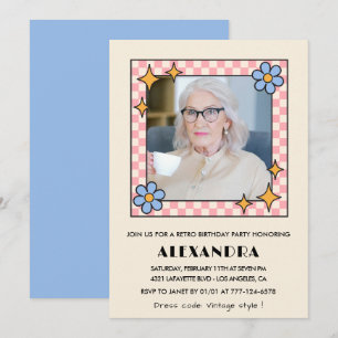Retro Pink Blue Floral Photo 96th birthday Invitation
