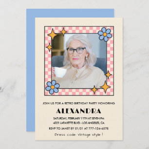 Retro Pink Blue Floral Photo 99th birthday Invitation