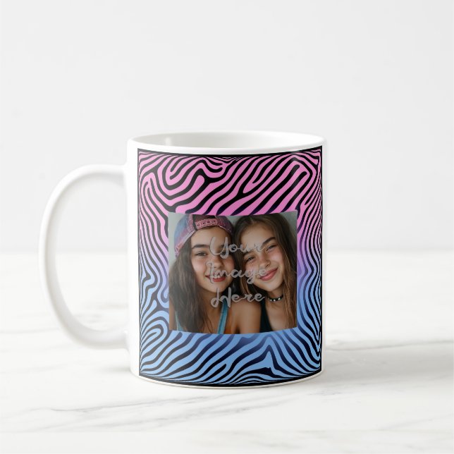 Retro Pink Blue Gradient Zebra Stripe Photo Frame Coffee Mug (Left)