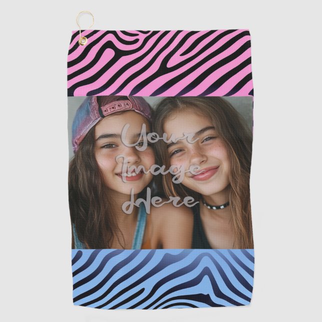 Retro Pink Blue Gradient Zebra Stripe Photo Frame Golf Towel (Front)