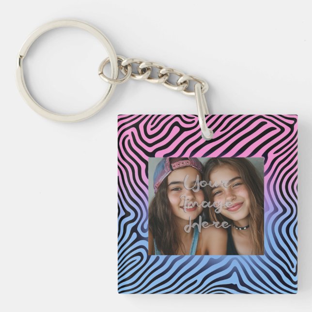 Retro Pink Blue Gradient Zebra Stripe Photo Frame Key Ring (Front)