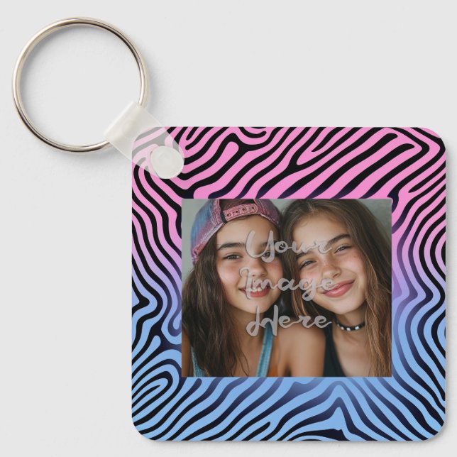 Retro Pink Blue Gradient Zebra Stripe Photo Frame Key Ring (Front)